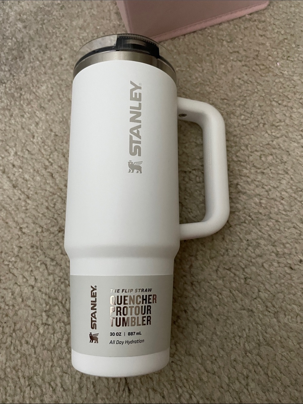 Stanley Matte White Travel Tumbler with Handle and Clear Lid